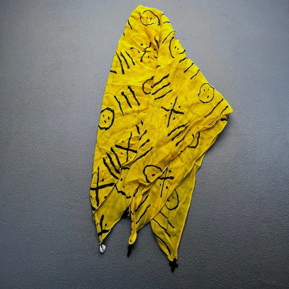 Kisura Women Afrocentric African Mudcloth Scarf Yellow Black 36x36 Cowrie‎ Ankh